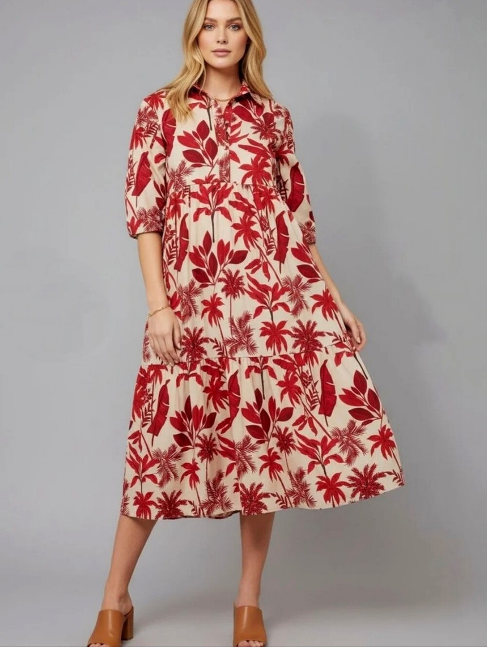 Anthropologie Maeve The Bettina Tiered Shirt Midi Dress Red Tropical Palm Motif